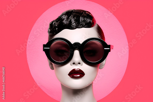 Bust with black sunglasses. Sculpture in pink background, pop art style.