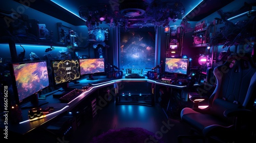 room of gamers and computers decorated with lights