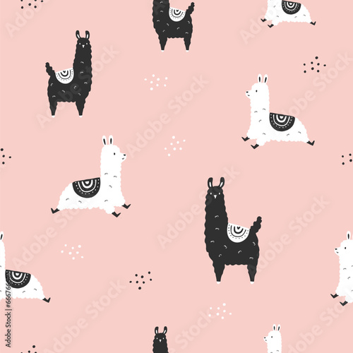 Seamless pattern with hand drawn black and white llamas on pink background