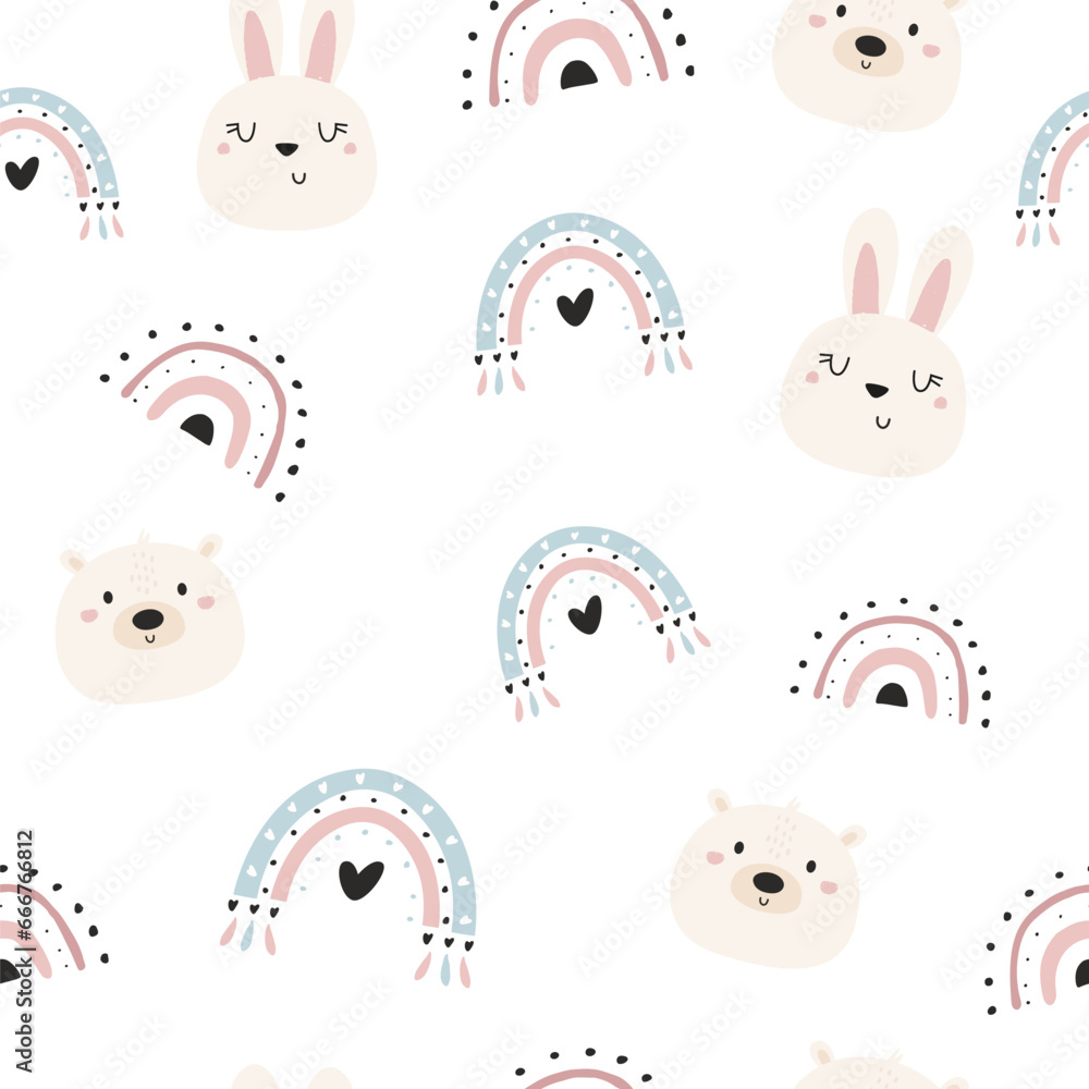 Seamless pattern with cute hand drawn rabbits, polar bears and rainbows Seamless pattern with cute hand drawn rabbits, polar bears and rainbows