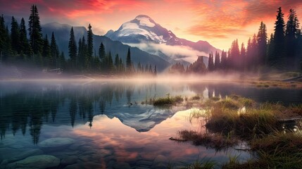 Crédence de cuisine   a painting of a mountain with a lake in the foreground.  generative ai  © Anna