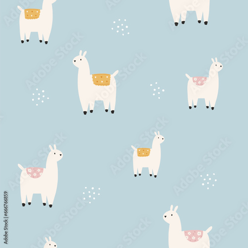 Seamless pattern with cute hand drawn llamas, alpacas