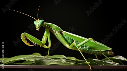  a close up of a praying mantissa on a table.  generative ai photo