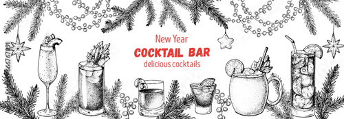Alcoholic cocktail sketch. Christmas menu. Hand drawn vector illustration. Hand drawn drinks illustration. Cocktails set. Menu design elements.