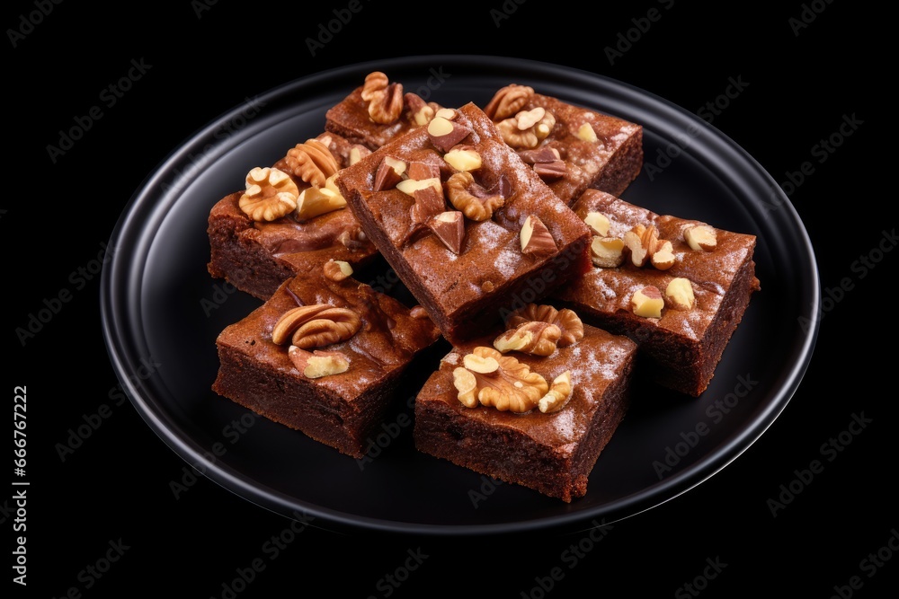 Decadent chocolate brownies topped with crunchy pecans and walnuts, served on a black plate. Decadent chocolate brownies topped with crunchy pecans and walnuts, served on a black plate.