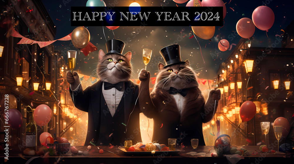 New Year's party 2024 with two cats toasting - obrazy, fototapety, plakaty 