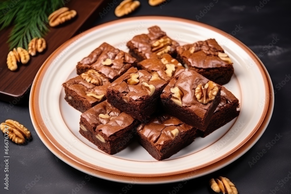 Decadent pecan-topped brownies served on a white plate. Decadent pecan-topped brownies served on a white plate.