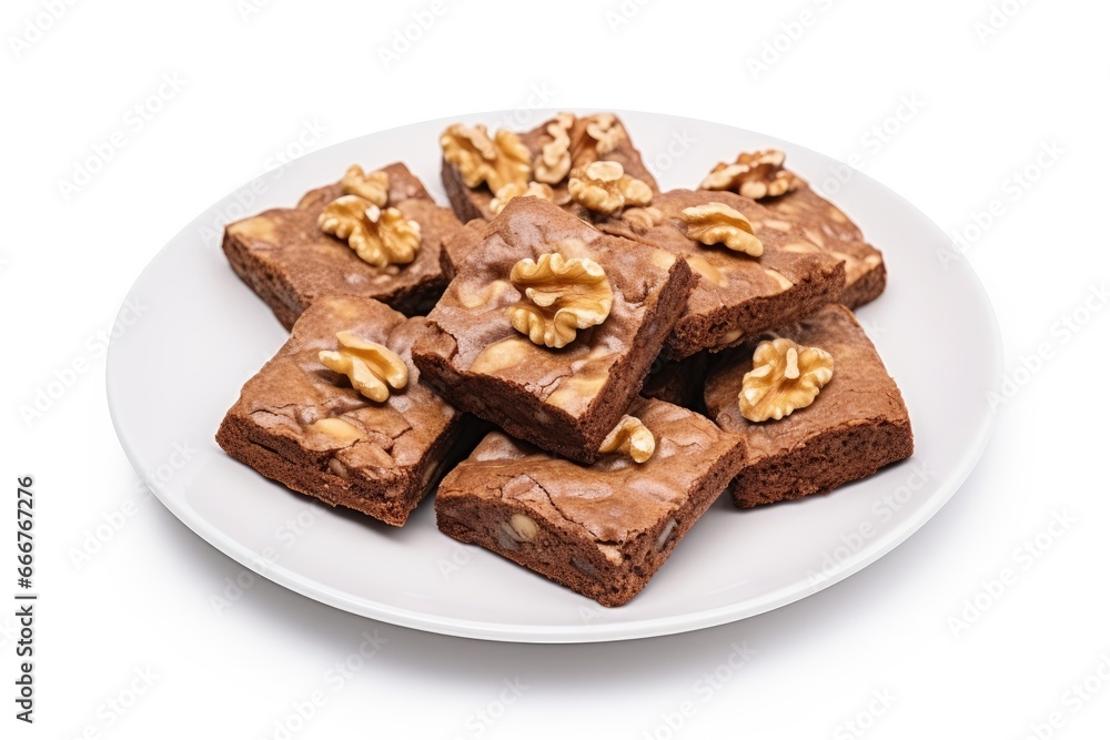 Decadent pecan-topped brownies served on a white plate. Decadent pecan-topped brownies served on a white plate.