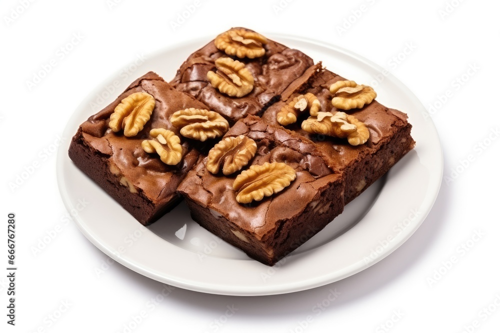 Decadent pecan-topped brownies served on a white plate. Decadent pecan-topped brownies served on a white plate.