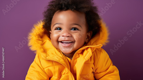 Portrait of a smiling child in a winter yellow jacket