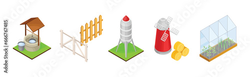Gardening and Farm with Well, Fence, Water Tower, Windmill and Greenhouse Isometry Vector Set