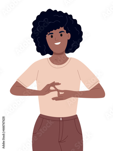 Sign language. Deaf mute young black woman on white background.