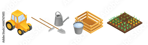 Gardening and Farm with Tractor, Watering Can, Crate and Garden Bed Isometry Vector Set