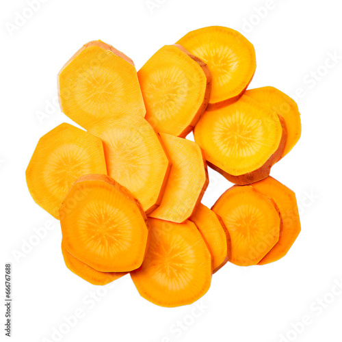 top view of sliced sweet potato vegetable isolated on a white transparent background  