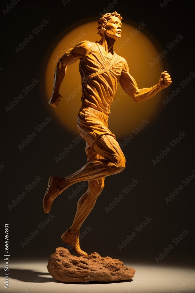 A golden statue of a man mid-stride on a rocky base. A golden statue of a man mid-stride on a rocky base.
