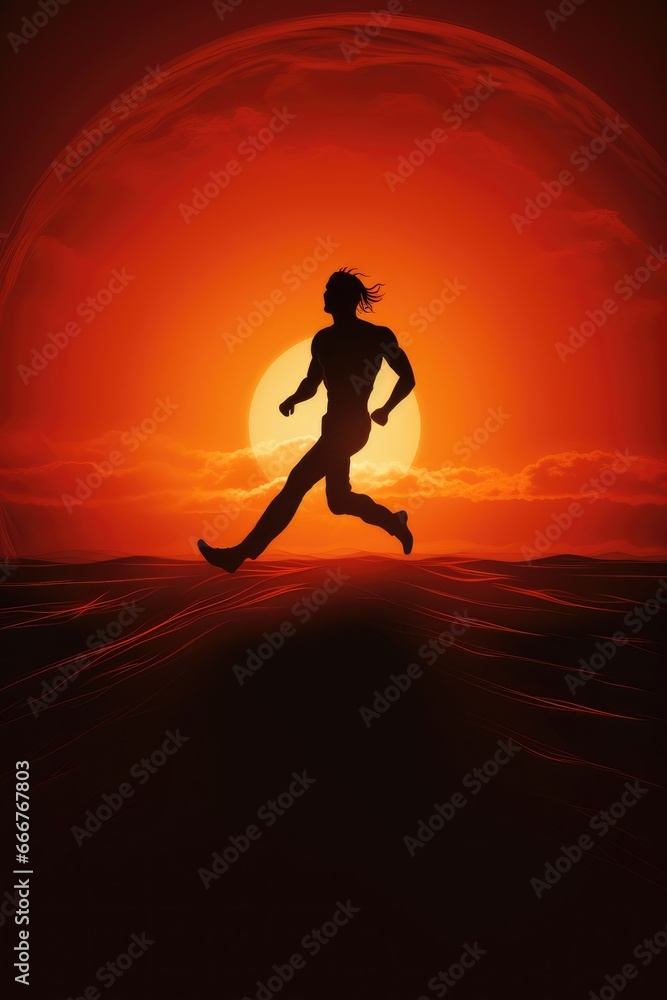 A silhouette running towards a radiant sun on a vibrant red-orange gradient path. A silhouette running towards a radiant sun on a vibrant red-orange gradient path.