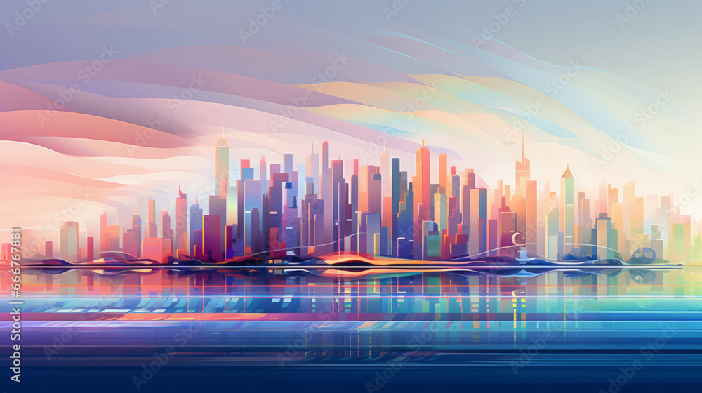 A vibrant cityscape with a colorful sky