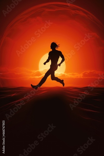 A silhouette running towards a radiant sun on a vibrant red-orange gradient path.