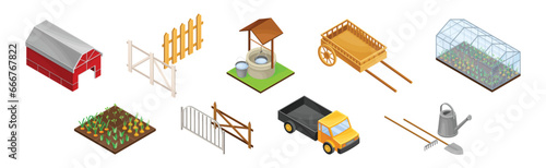 Gardening and Farm with Well, Fence, Greenhouse, Barn and Truck Isometry Vector Set