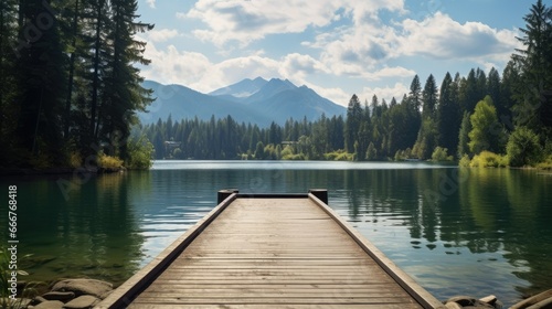  a wooden dock on a lake with mountains in the background. generative ai