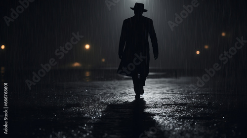 A silhouette of a mysterious figure walking through a rainy city at night