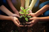 Children of different races planting plants together close up of hands