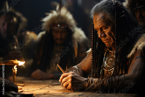 The signing of a historic treaty, marking the beginning of decolonization and the end of imperial rule over nations. Concept of self-determination and sovereignty. Generative Ai. photo