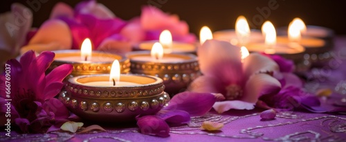 Happy Diwali Hindu festival of lights celebration. Colorful traditional Diwali oil Clay Diya lamps on bokeh lights background  web banner