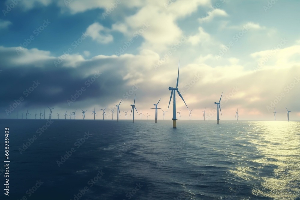Offshore wind farm on a cloudy afternoon. Sustainable power concept. Generative AI