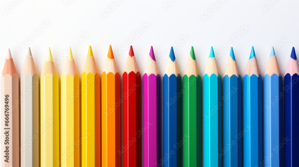 A vibrant collection of colored pencils displayed on a clean white surface A vibrant collection of colored pencils displayed on a clean white surface