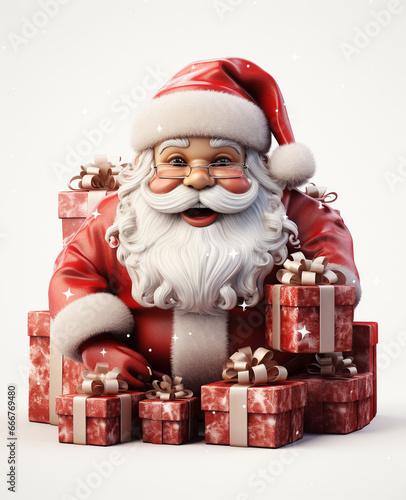 a 3d santa Claus with some gift boxs on transparent white background