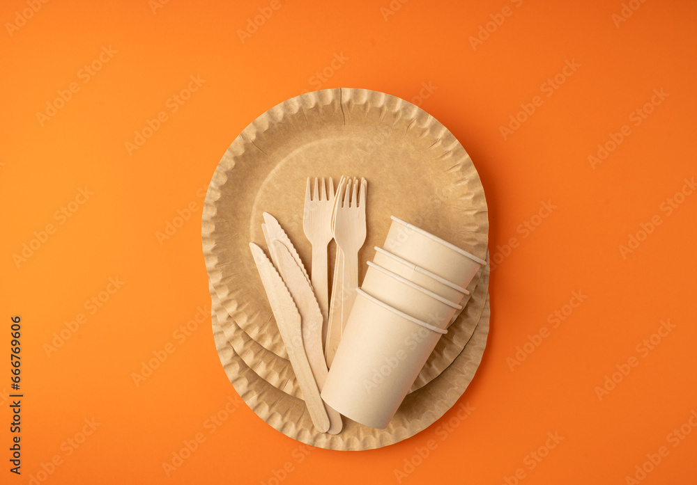Paper Plate, Fork, Knife, Eco Tableware, Disposable Cutlery, Biodegradable, Eco Bio Table Setting for Picnic Paper Plate, Fork, Knife, Eco Tableware, Disposable Cutlery, Biodegradable, Eco Bio Table Setting for Picnic