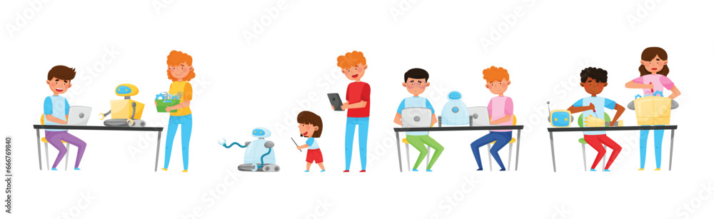 Children and Teenagers Engineering Robots Vector Illustration Set Children and Teenagers Engineering Robots Vector Illustration Set