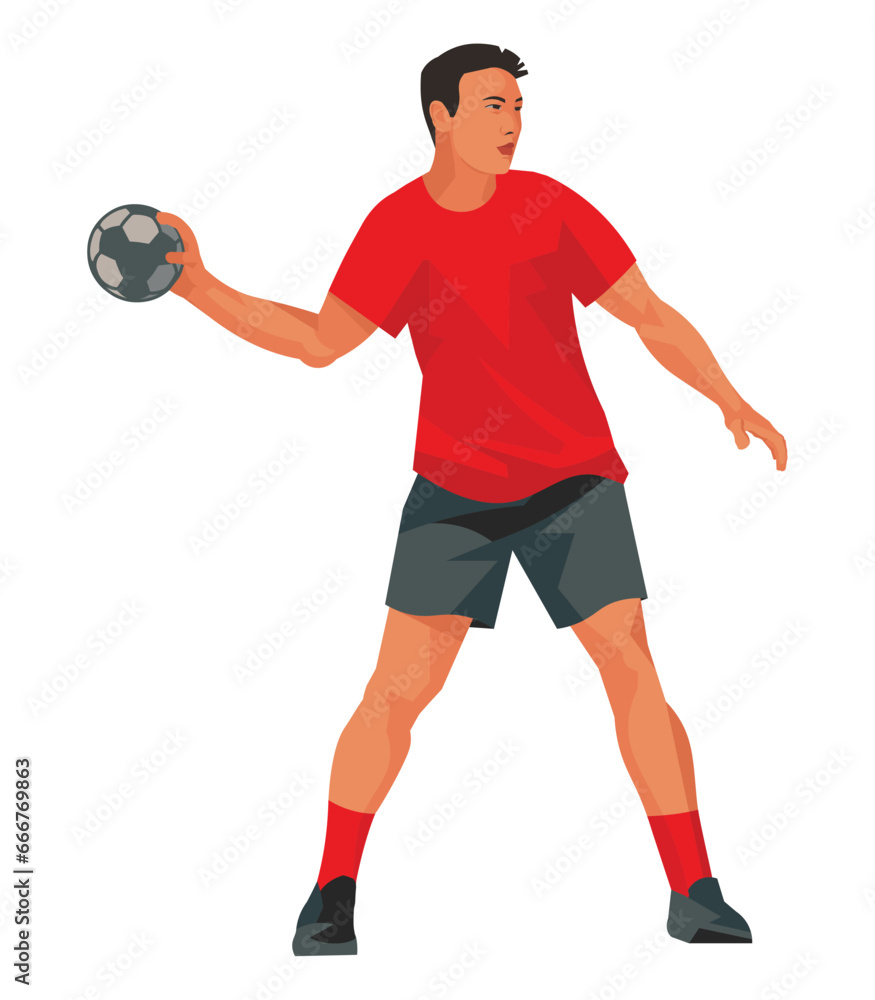 Figure of a Japanese handball player in red uniforms standing with a ball in his hand Figure of a Japanese handball player in red uniforms standing with a ball in his hand