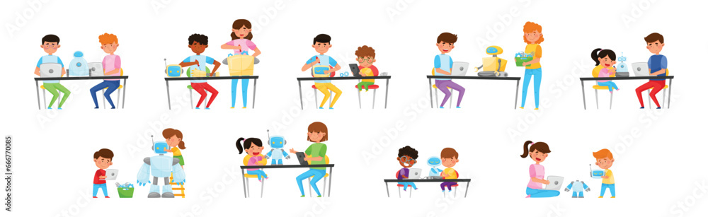 Children and Teenagers Engineering Robots Vector Illustration Set Children and Teenagers Engineering Robots Vector Illustration Set