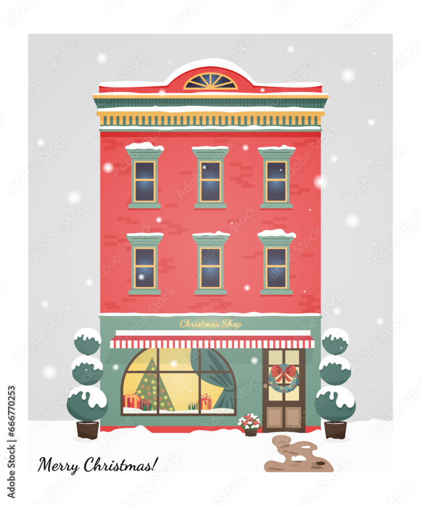 Christmas gift shop. Decorated building facade. Vector illustration in a flat style.Winter town. Christmas gifts, Christmas market. Banner for Christmas and New Year. Vector illustration.