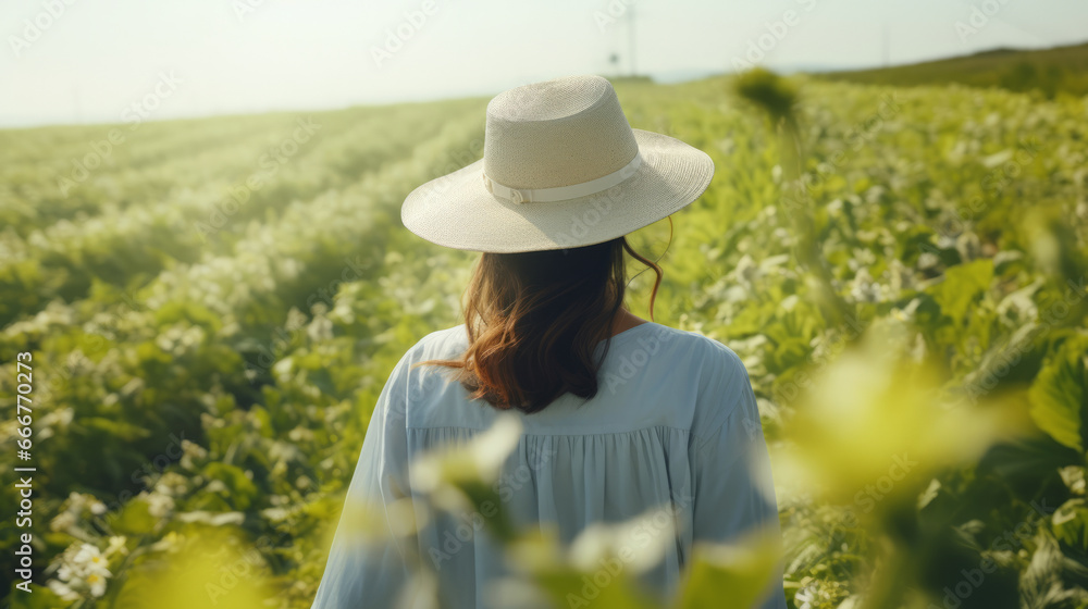 A stylish woman enjoying the outdoors in a wide-brimmed hat
