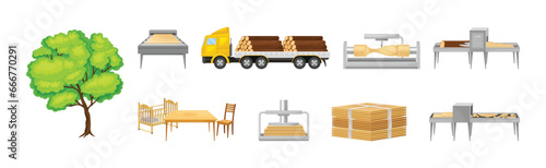 Wooden Furniture Production with Raw Timber Material Process Vector Set