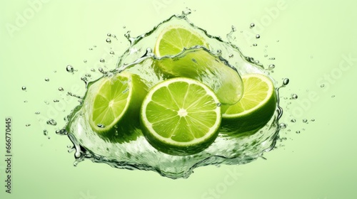 Fresh limes with water splash on green background, close-up. Healthy Food Concept. Background with a copy space.