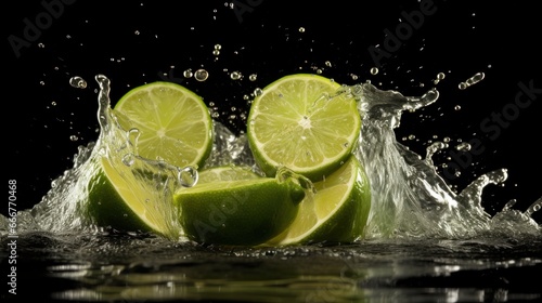 Fresh lime with water splash isolated on black background. Citrus fruit. Healthy Food Concept. Background with a copy space.