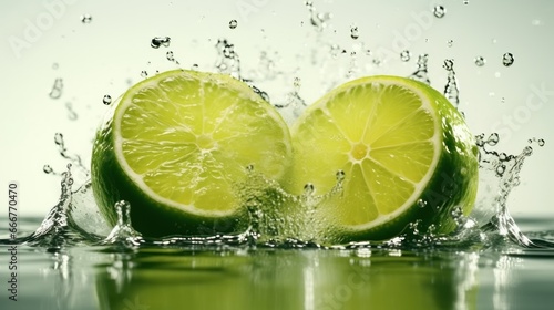 Fresh lime slices with water splash, isolated on a white background. Healthy Food Concept. Background with a copy space.