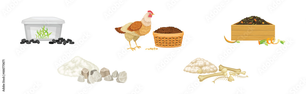 Organic Compost and Plant Fertilizer for Garden Work Vector Set Organic Compost and Plant Fertilizer for Garden Work Vector Set