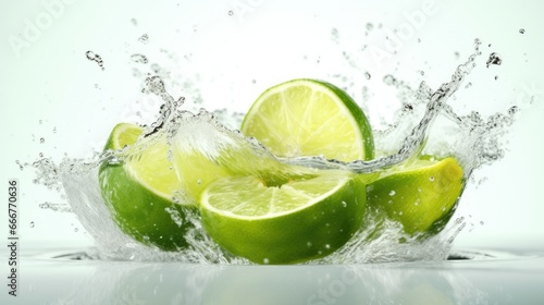 lime splashing into water, isolated on white background, with clipping path. Healthy Food Concept. Background with a copy space.