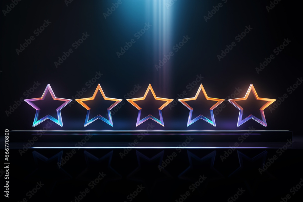 Colorful 5 Stars, Multi color stars in a dark color copy space background with Colorful light rays in background, Client rating, colorful stars in a row, Star wallpaper concept, abstract five stars - obrazy, fototapety, plakaty 
