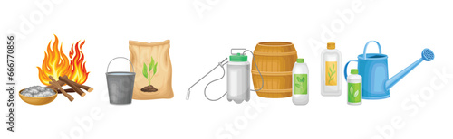 Organic Compost and Plant Fertilizer for Garden Work Vector Set