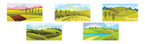 Green Summer Landscape with Field, Hills and Mountains Vector Set