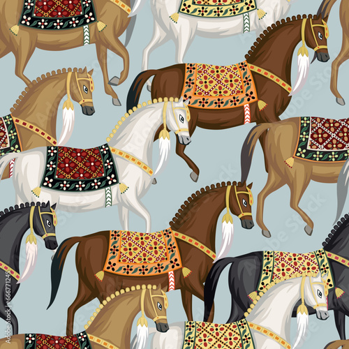 Horses prancing seamless pattern. Oriental animal wallpaper.
