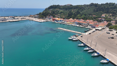 Aerial drone photo of small picturesque seaside village of Katakolo known for cruise liner anchorage and tourist transfer to Peloponnese ancient sites, Ilia prefecture, Greece