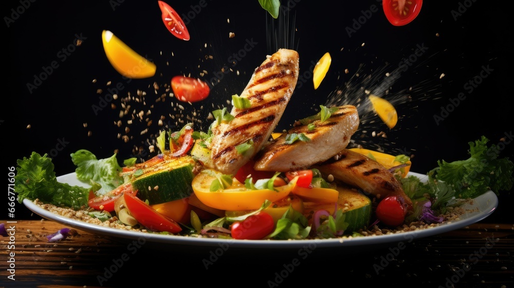 a plate of food with chicken, vegetables, and sprinkles. generative ai a plate of food with chicken, vegetables, and sprinkles. generative ai