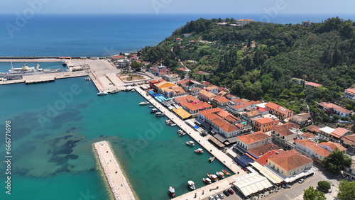 Aerial drone photo of small picturesque seaside village of Katakolo known for cruise liner anchorage and tourist transfer to Peloponnese ancient sites, Ilia prefecture, Greece